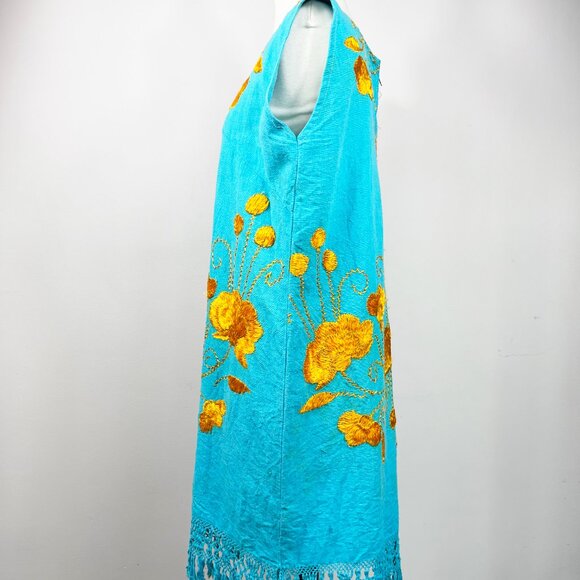 Vintage Boho Summer Shift Dress – Hand Embroidered Orange Floral with Fringe Hem - Picture 5 of 12